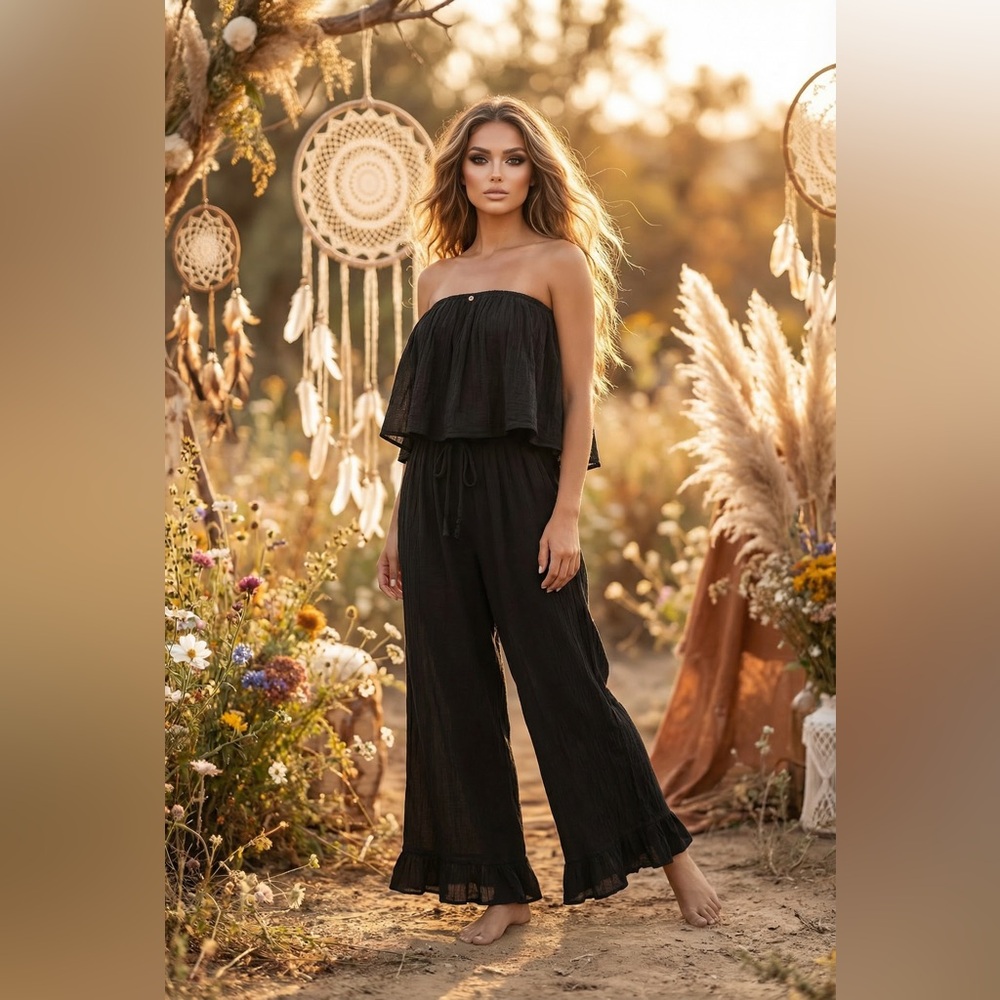 JADED GYPSY WC Romper Black Gauzy Flowy Strapless Jumpsuit